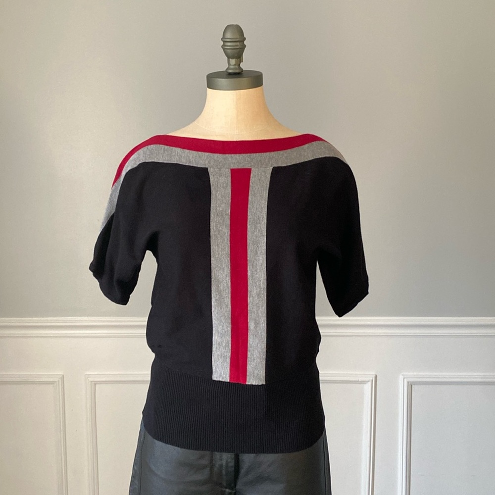 Cable & Gauge Black Colorblock Striped Short Sleeve Sweater Boatneck Size S - Picture 2 of 7